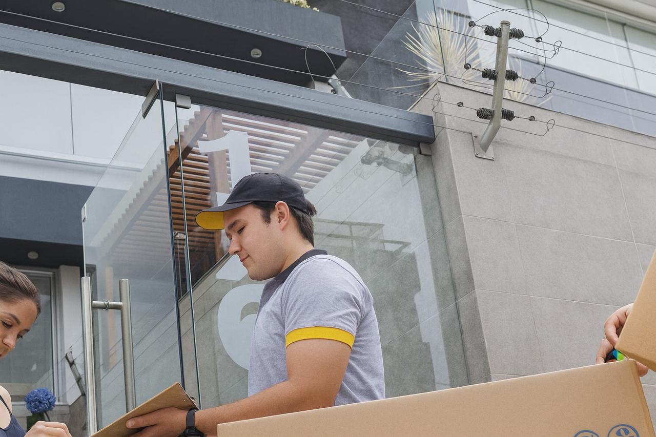 Repartidor de PITS Courier entregando paquete con sonrisa - Servicio profesional de mensajería en Lima Perú